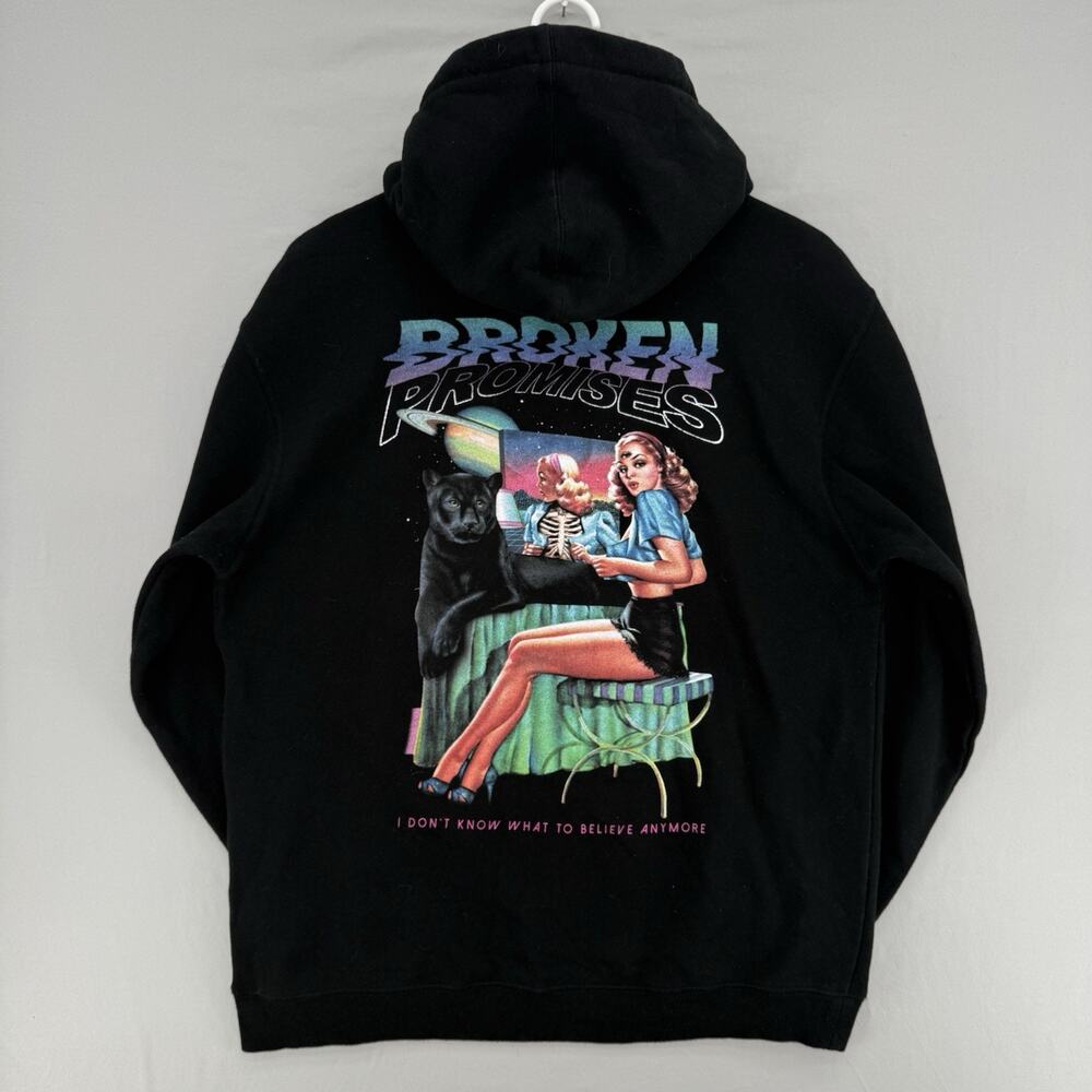 Broken Promises Hoodie Sweatshirt Mens Large Black Space Retro Graphic Pullover